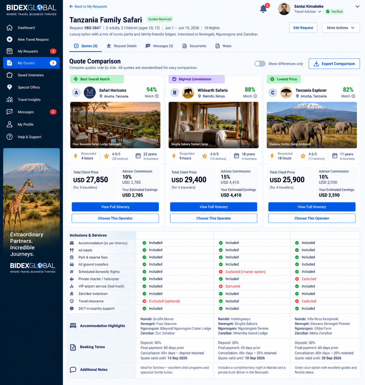 Bidex Compare™ — side-by-side quote comparison interface